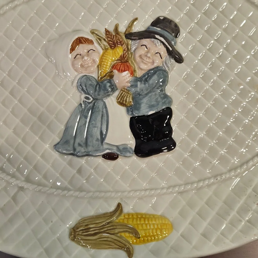 Vintage Thanksgiving Ceramic Serving Platter Pilgrim Harvest Corn Oval Platter